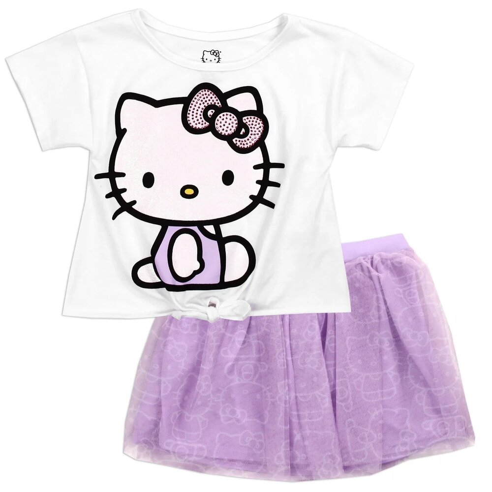 Hello Kitty Girls 2 Pc Tutu Skirt Set Glitter Bow Top Purple Skirt Sizes 5/6-6X